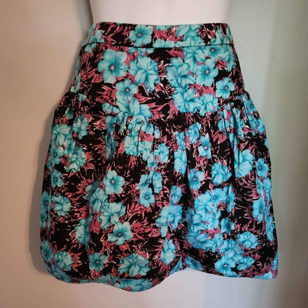 Zara Floral Mini Skirt in Turquoise and Black with Pink Accents